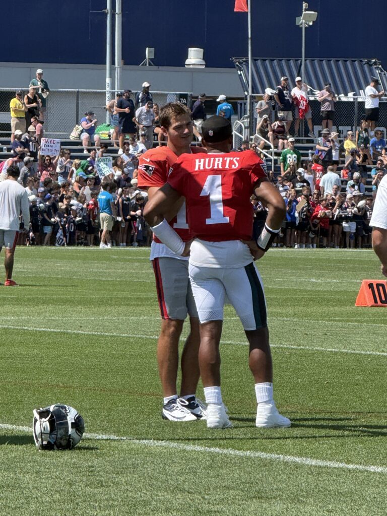 dicecco 2026 training camp joint practice vs. Patriots Eagles QBs Hurts mckee